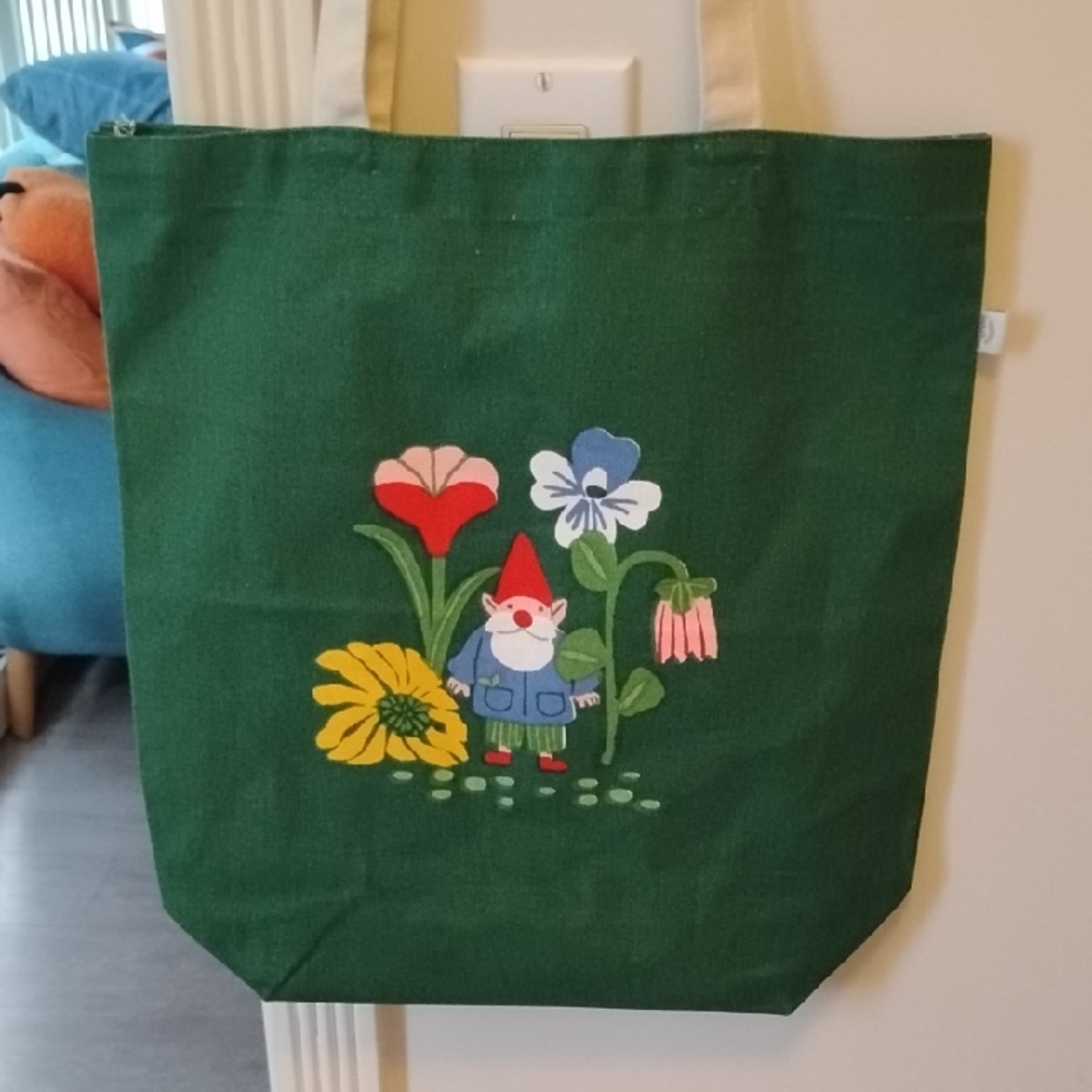 Green  Cotton Canvas Spring Tote with Whimsical Gnome Design